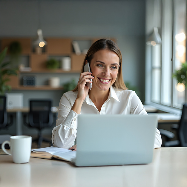 Frau sitzt vor dem Laptop und telefoniert